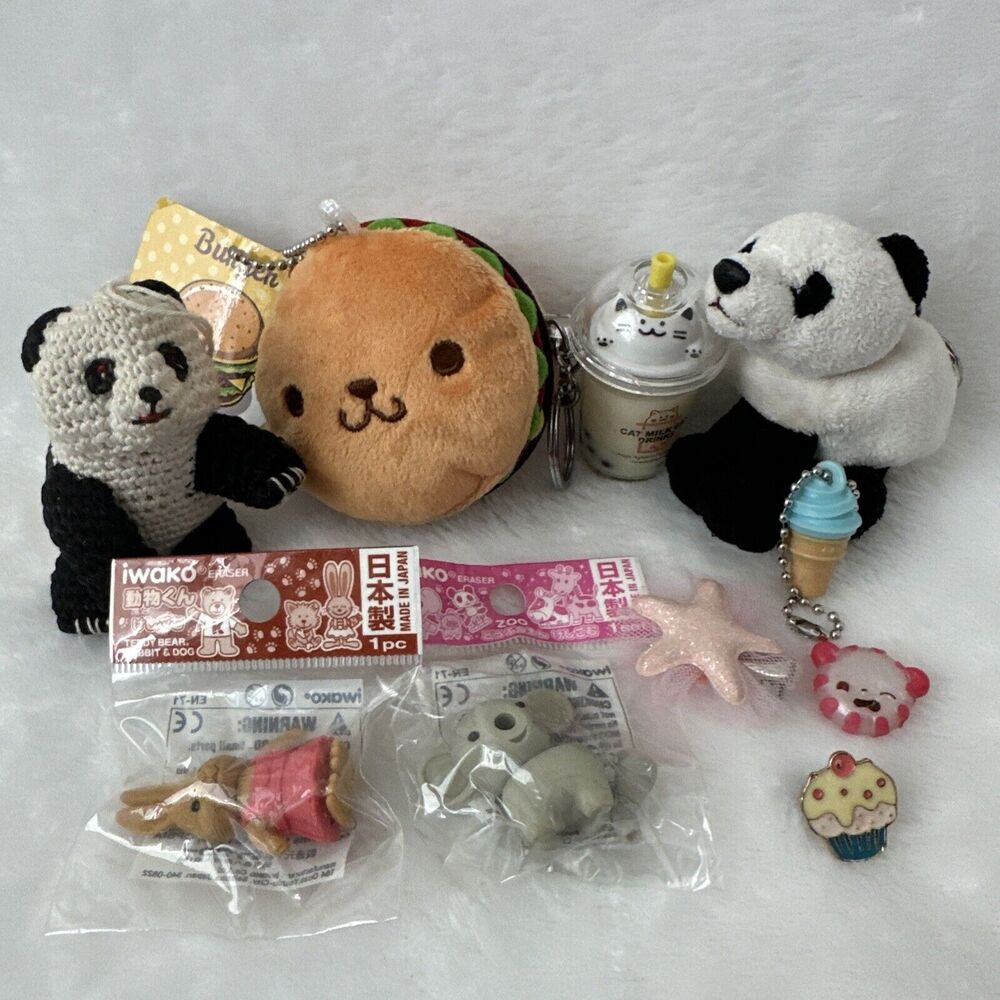 Little Girl Japan Kawaii Lot: Plush Keychai Erasers Panda Burger Cat‎ Milk Koala